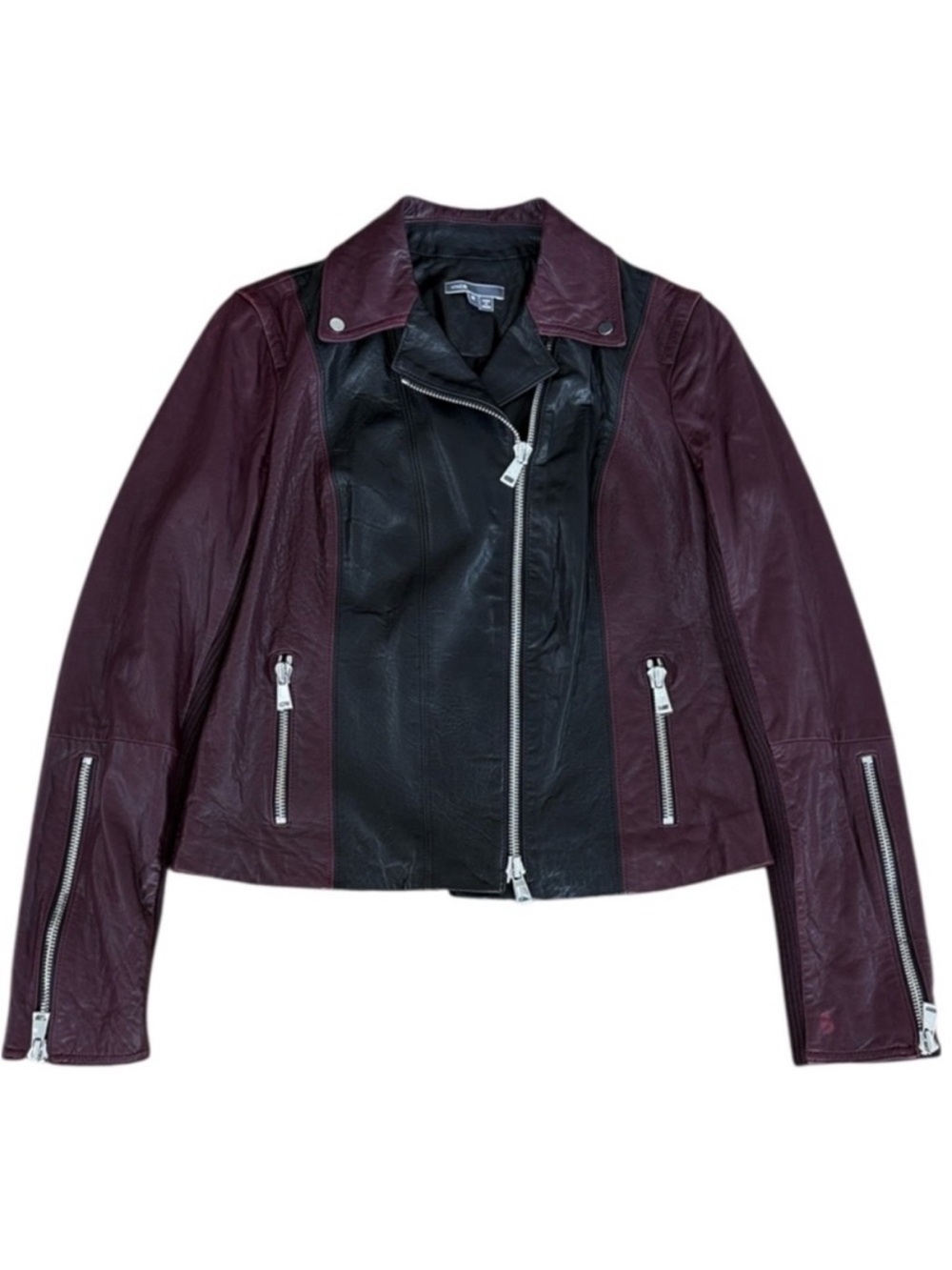 VINCE Lambskin Leather Two Tone Moto Jacket Black Burgundy Women’s Size M EUC